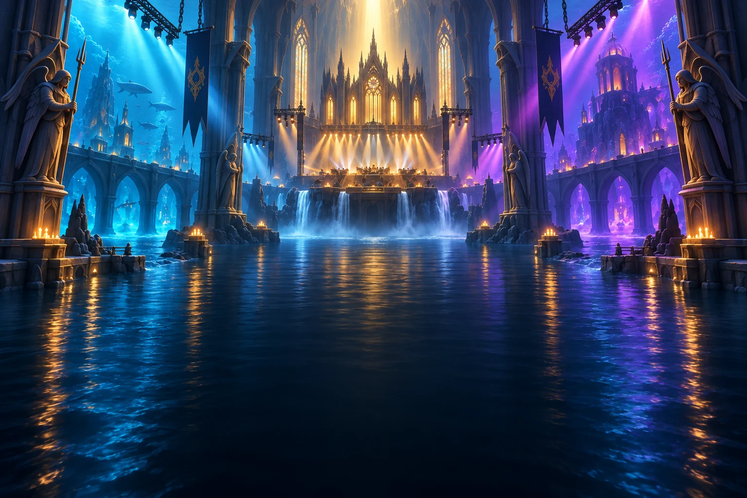 An illuminated underwater cavern concert hall with golden, blue, and violet lights